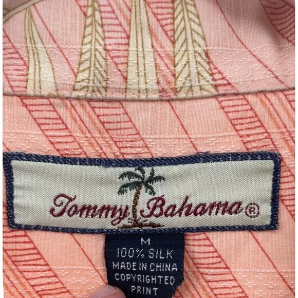 Tommy Bahama Relax Shirt Mens Medium Peach Silk Tropical Leaf Stripe Camp Button - Picture 3 of 6